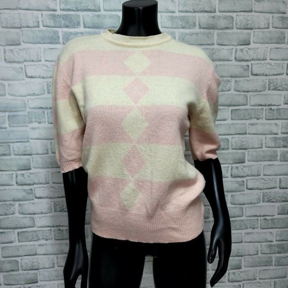 Vintage Evan Picone Size M Pink Wool Angora Argyle Sweater Top & Cardigan SET - Picture 2 of 11